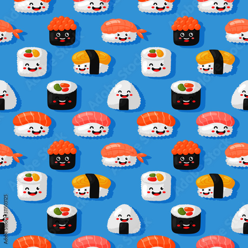 kawaii seamless pattern cute funny sushi and sashimi cartoon style isolated on blue background. illustration vector.  