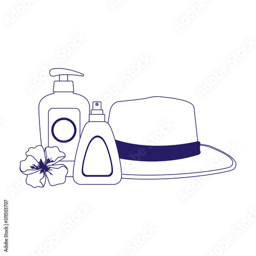 beach hat with sunscreens bottles, flat design