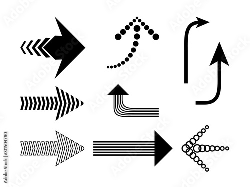 Vector black arrows of various kinds, icons. For business design, infographics. Monochrome pointers. Isolated light background.
