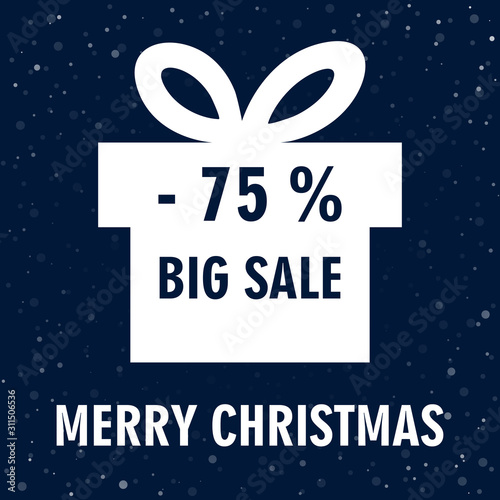 Merry Christmas sale banner with white gift box, snowflakes and text. Vector illustration on isolated blue background
