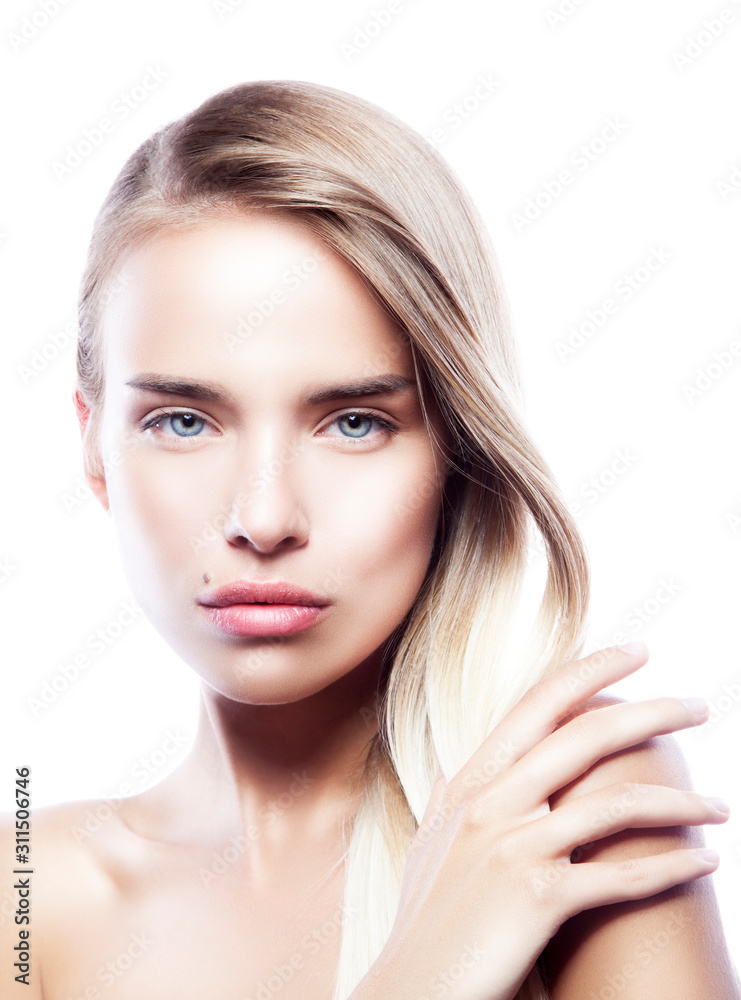 Beautiful attractive of young woman, perfect skin, blonde hair style, natural make-up, blue eyes, isolated on white Beautiful attractive of young woman, perfect skin, blonde hair style, natural make-up, blue eyes, isolated on white