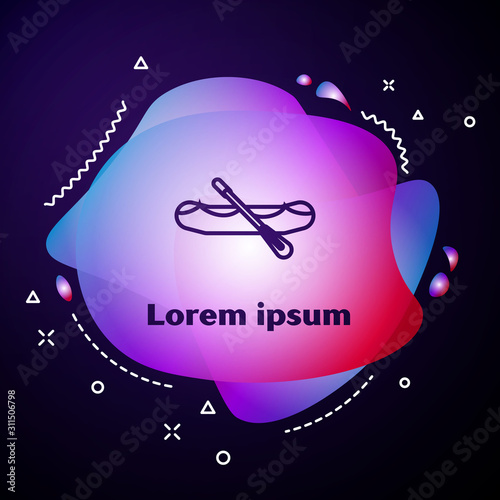Purple line Rafting boat icon isolated on dark blue background. Inflatable boat with paddles. Water sports, extreme sports, holiday, vacation. Abstract banner with liquid shapes. Vector Illustration