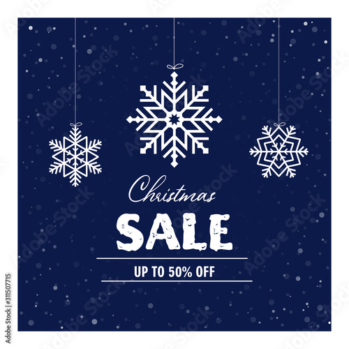Christmas sale banner, poster. Vector illustration with xmas balls and snowflakes on blue background