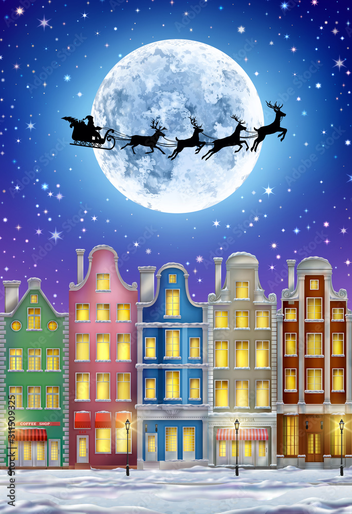 Winter Town with Moon and Santa Claus