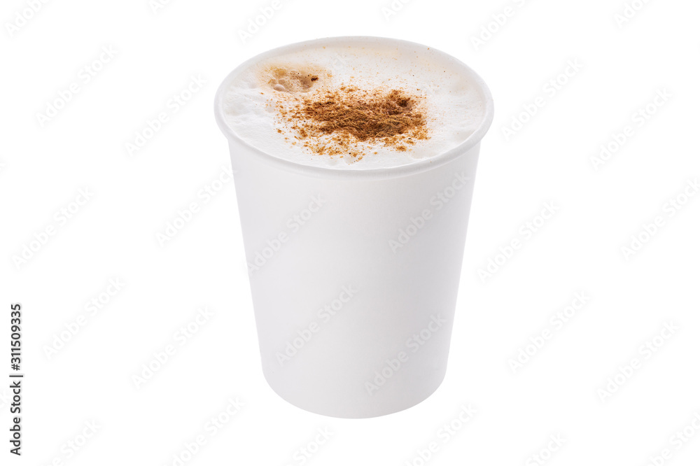 Coffee with milk or cappuccino with cinnamon in a plastic cup take away isolated on white background Coffee with milk or cappuccino with cinnamon in a plastic cup take away isolated on white background