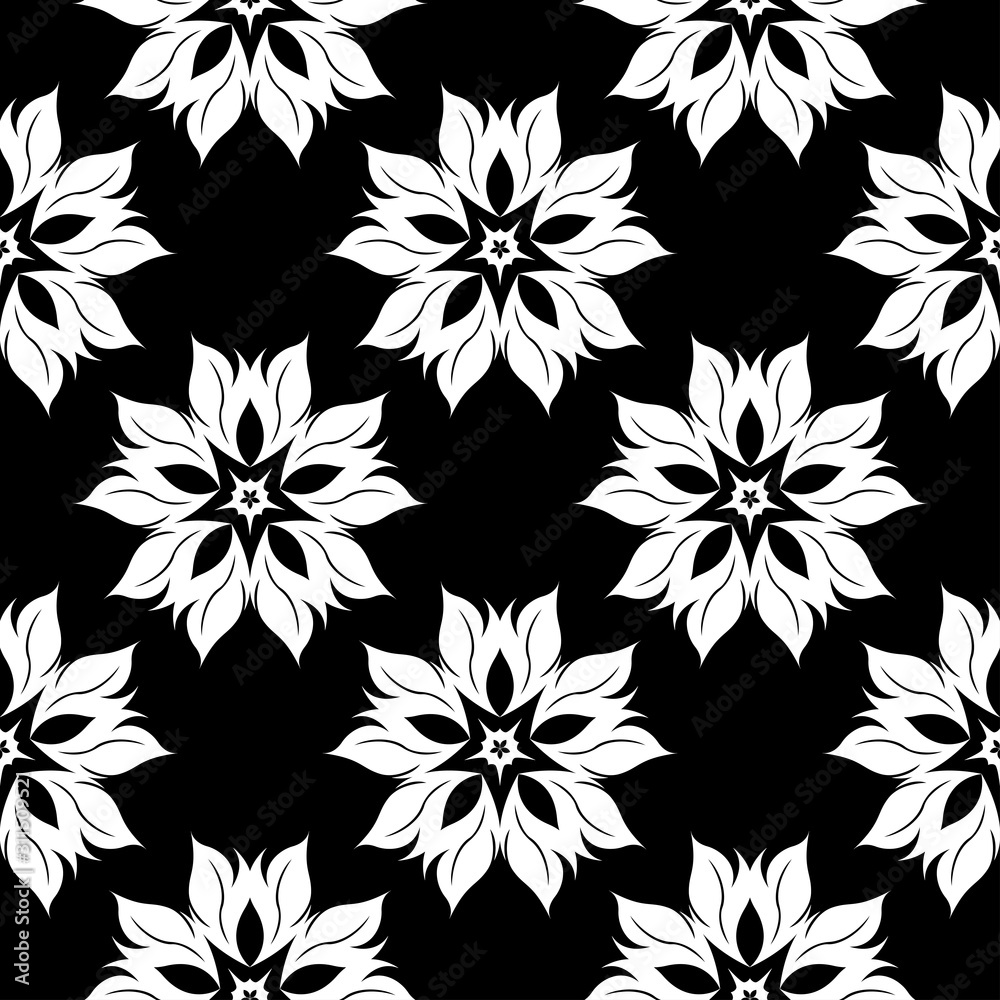Black floral background with white seamless design Black floral background with white seamless design