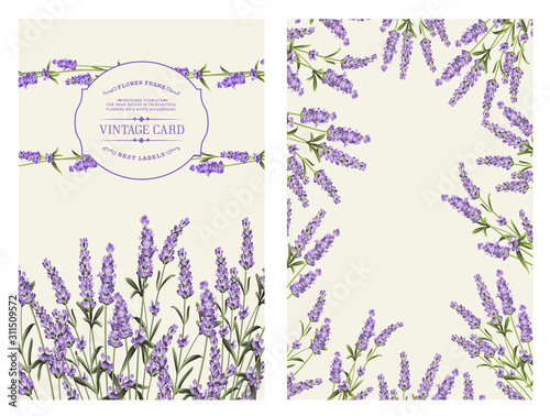 Marriage invitation card with custom sign and flower frame. Lavender frame for provence card. Printable vintage marriage invitation with flowers over gray. Lavender sign label. Vector illustration.