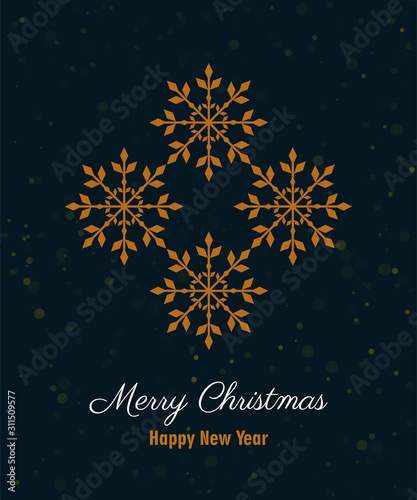 Merry Christmas Happy New Year greeting card with golden snowflakes and text on dark blue isolated background