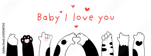 Draw banner cat paws and word baby I love you.