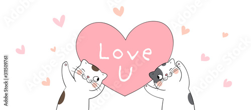 Draw banner couple love of cat for Valentine.