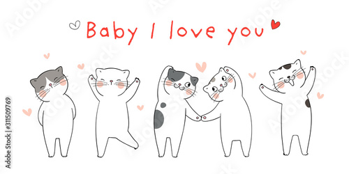 Draw banner cute cat happy in Valentine's day.