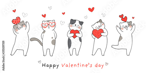Draw banner funny cat with little red hearts for Valentine.