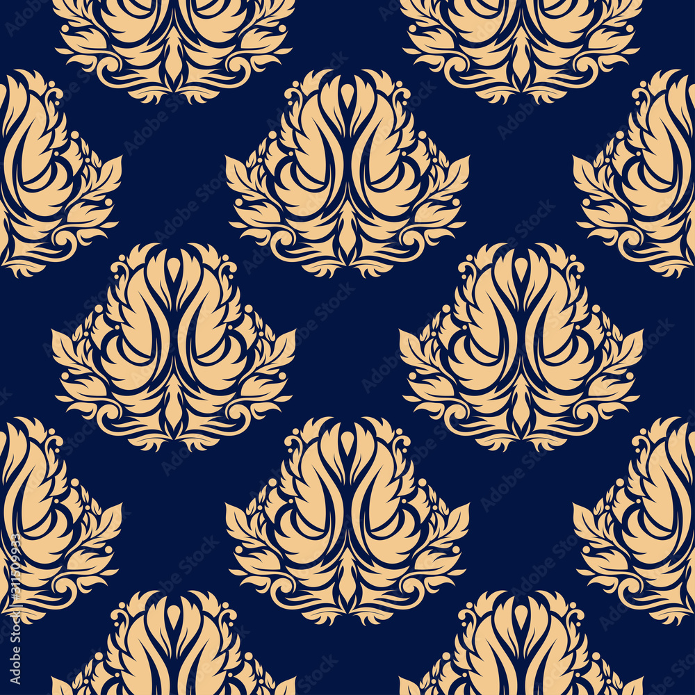 Floral seamless pattern. Golden design on deep blue background