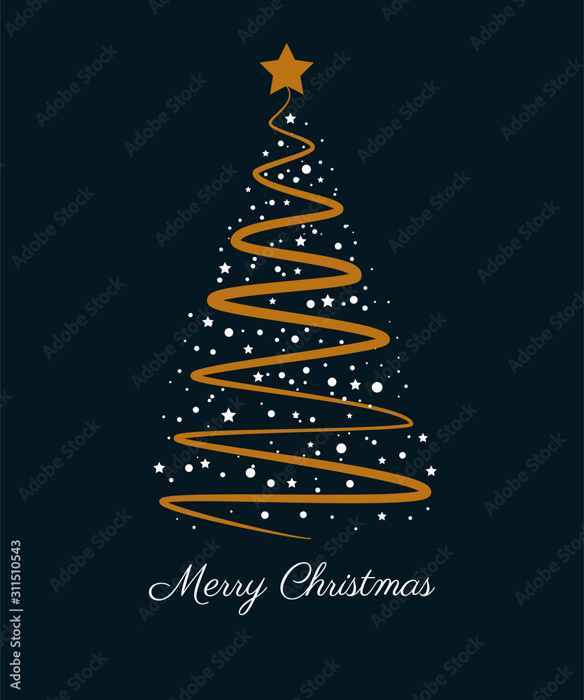 Merry Christmas greeting card or invitation. Vertical vector illustration with gold Xmas tree and white text on a dark blue isolated background Merry Christmas greeting card or invitation. Vertical vector illustration with gold Xmas tree and white text on a dark blue isolated background