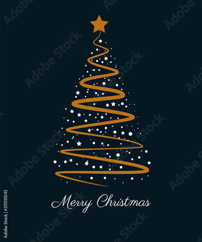 Merry Christmas greeting card or invitation. Vertical vector illustration with gold Xmas tree and white text on a dark blue isolated background