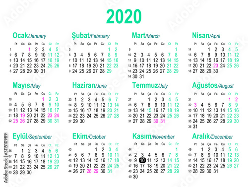 Simple Turkish 2020 year vector calendar. Week starts from Sunday.
