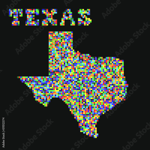 Texas pixels map. Texas state name and multi-colored pixel map.