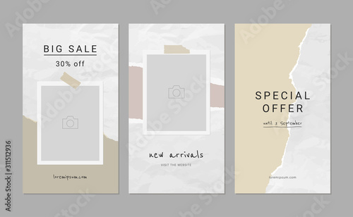 Set of social stories templates. Editable design. Banners with torn paper design elements and crumpled paper texture background.