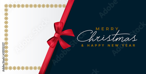Merry christmas and happy new year greeting card. Luxurious vector illustration of a blue-white color with a red bow and gold ornament on an isolated background.