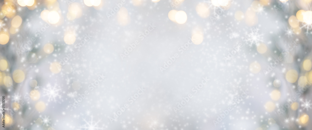 Christmas background. Xmas tree with snow decorated with garland lights, holiday festive background