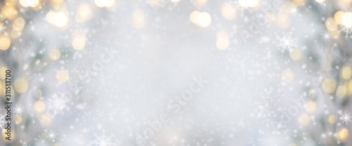 Christmas background. Xmas tree with snow decorated with garland lights, holiday festive background