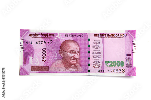 New Indian Currency of Rs.2000 isolated on white background. Published on 9 November 2016.