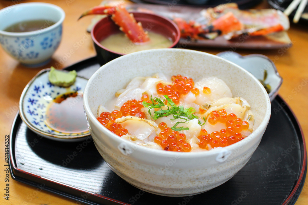 Sashimi don, Raw Seafood sashimi on rice in a bowl