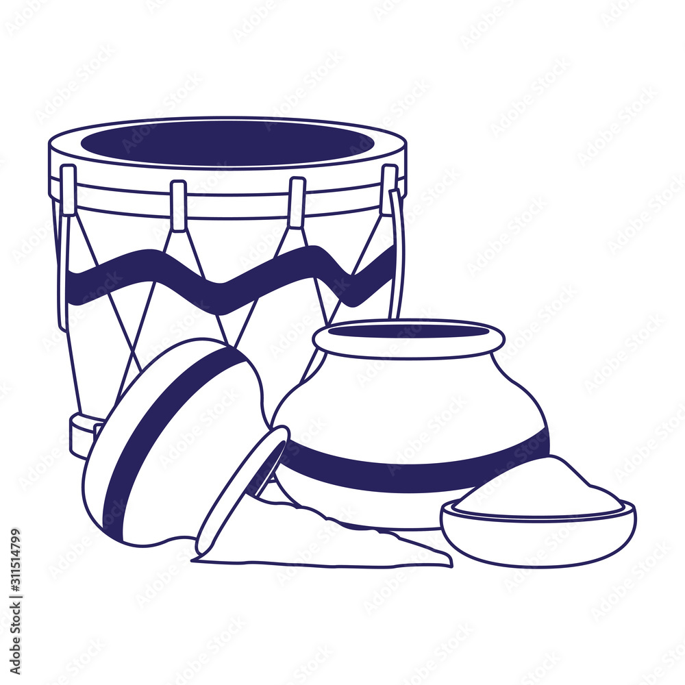 drum instrument and holi powders icon, flat design drum instrument and holi powders icon, flat design