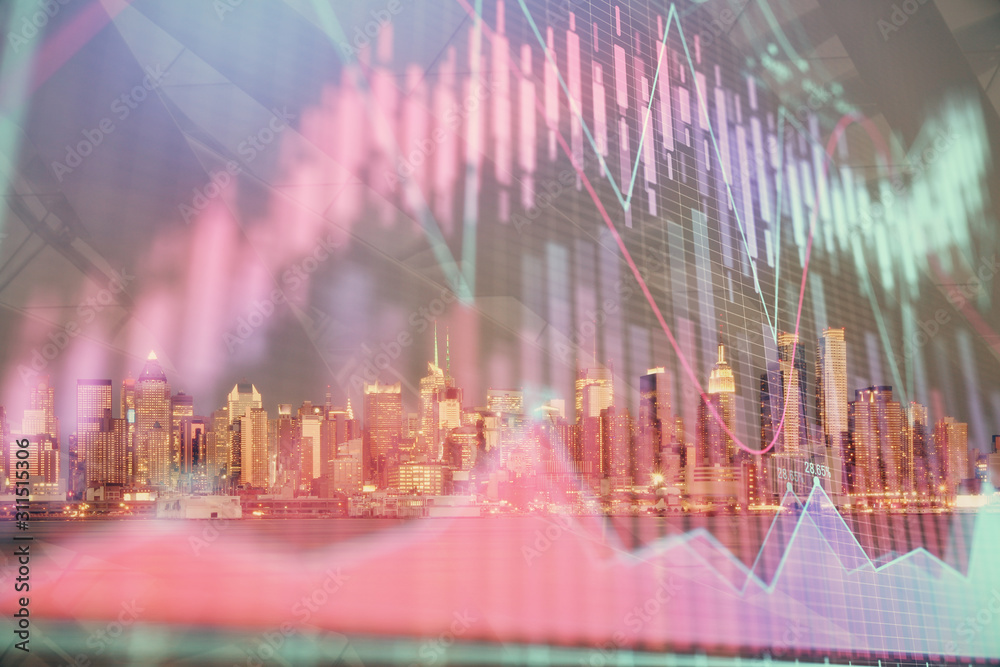 Financial graph on night city scape with tall buildings background double exposure. Analysis concept.