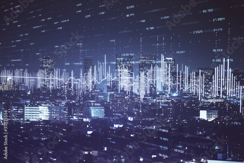 Financial graph on night city scape with tall buildings background multi exposure. Analysis concept.