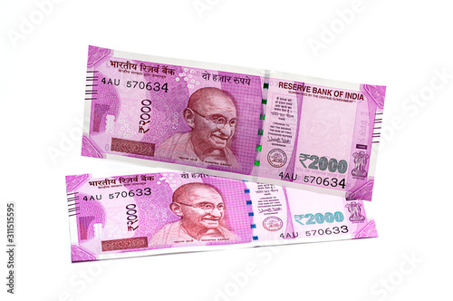 New Indian Currency of Rs.2000 isolated on white background. Published on 9 November 2016. photo