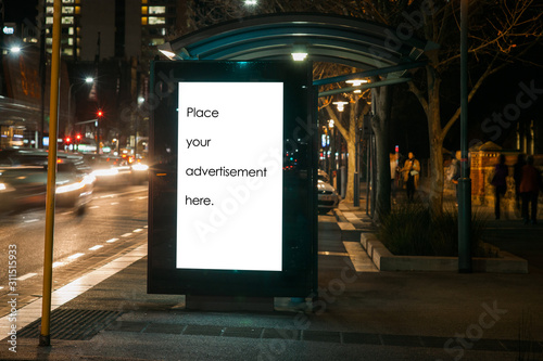 Blank outdoor bus stop advertising shelter