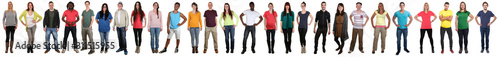 Large group of young people smiling happy multicultural multi ethnic full body standing in a row