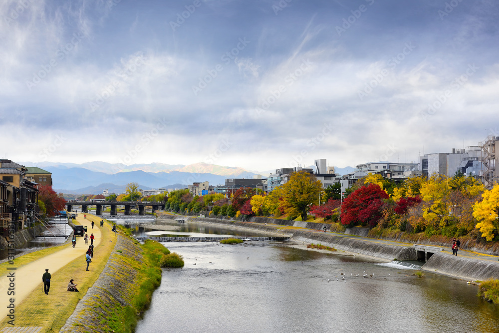 Kyoto, Japan - November 24, 2019: View of Kamo river in autumn season in Kyoto, Japan