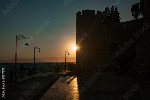 Kusadasi, Turkey - September 17, 2019: Castle on Pigeon Island in Kusadasi, Turkey. Historic Byzantine fortress on the sea.