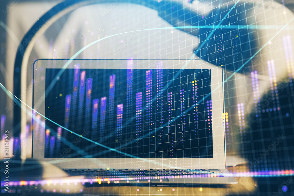 Forex market graph hologram and personal computer on background. Double exposure. Concept of investment. Forex market graph hologram and personal computer on background. Double exposure. Concept of investment.
