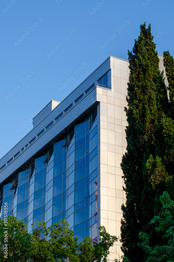 Blue glass facade of a modern building