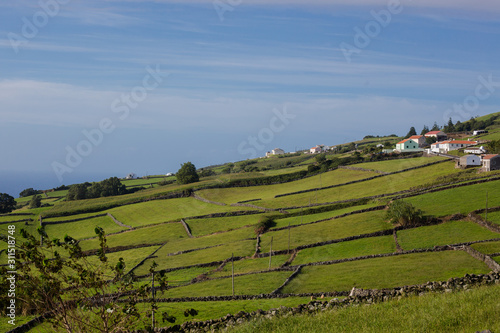 Green meadows and houses of Terceira island. One of the Azores is located in the Atlantic Ocean.