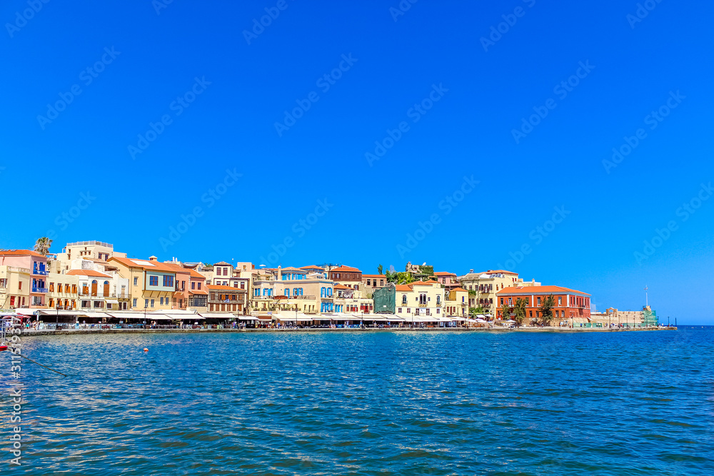 Panorama of the Mediterranean city on a sunny summer day - view from the sea