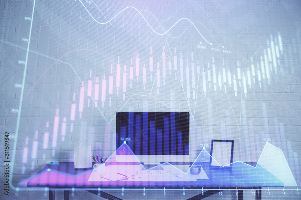 Stock market graph on background with desk and personal computer. Multi exposure. Concept of financial analysis.