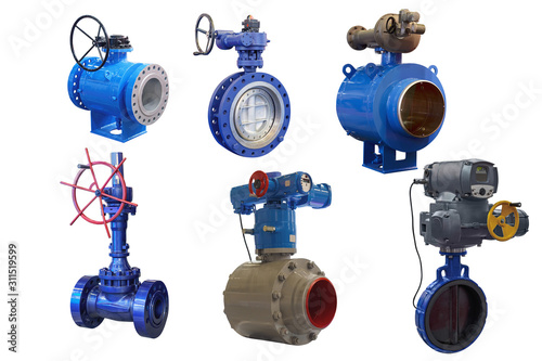 a group of modern shut-off valves of various designs for a gas pipeline isolated on white background
