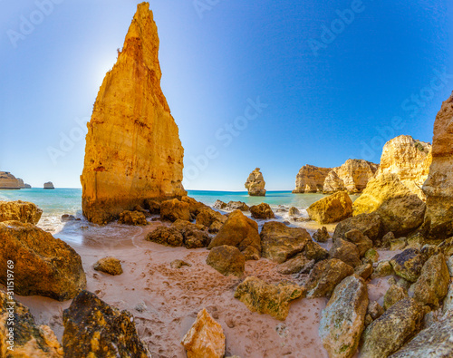 Panoramic view on cliffy Algarve coast in Portugal in summer