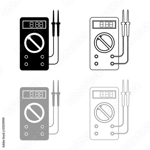 Digital multimeter for measuring electrical indicators AC DC voltage amperage ohmmeter power with probes icon outline set black grey color vector illustration flat style image