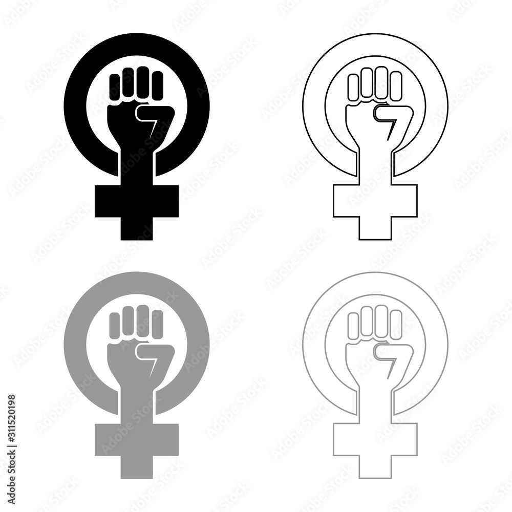 Symbol of feminism movement Gender women resist Fist hand in round and cross icon outline set black grey color vector illustration flat style image Symbol of feminism movement Gender women resist Fist hand in round and cross icon outline set black grey color vector illustration flat style image