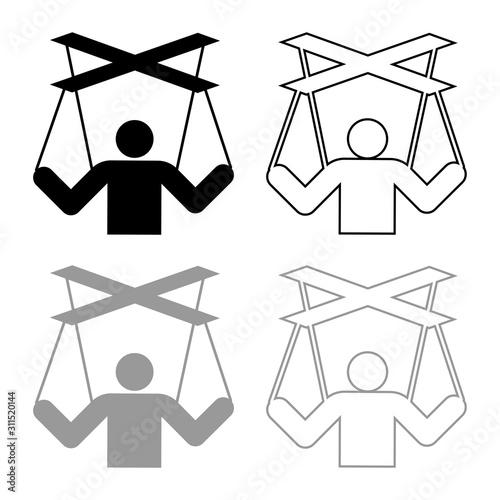 Human manipulation concept Puppet stick man manipulating on string Dependence theme Control people Management executive idea icon outline set black grey color vector illustration flat style image