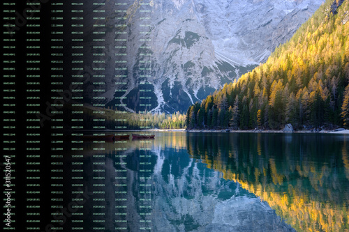 Digital composite of binary code creating alpine mountain lake landscape. Artificail intellect creates landscape photo