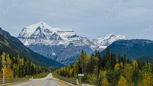 Road view of Mount Robson in Alberta, Canada