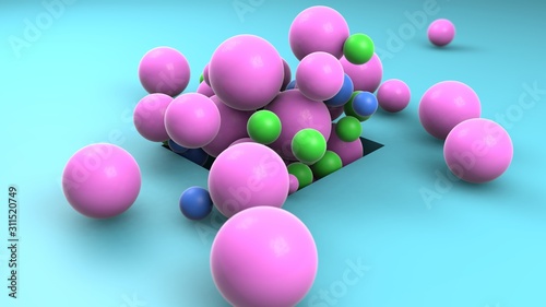 3D rendering of many colored balls randomly flying out of a square hole on a blue surface. Abstract composition, nice design for Wallpapers, desktop screensavers. Idea for geometric compositions.