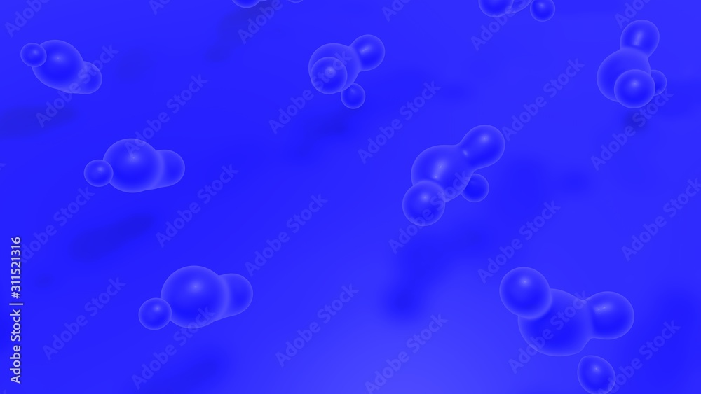 3D rendering of many drops of blue color scattered randomly in the space above the blue surface. Idea for futuristic, illustration for abstract compositions, screensavers on the desktop.