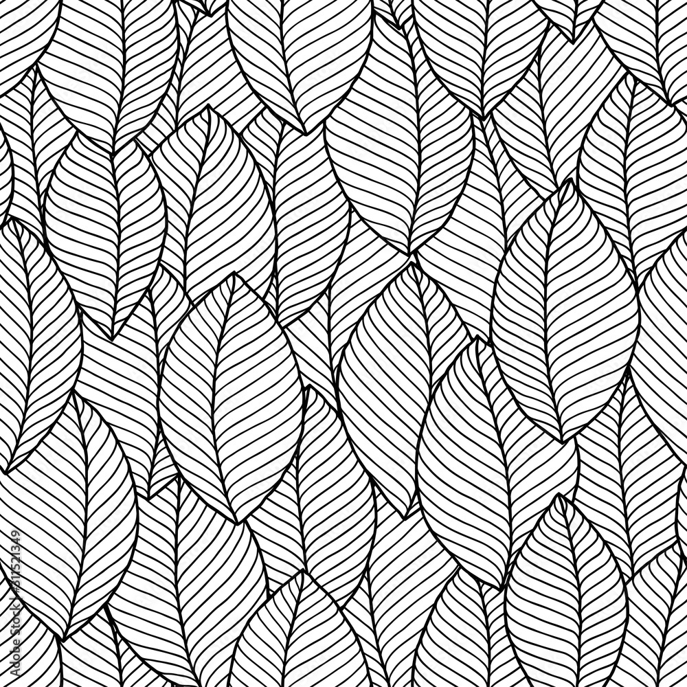 Seamless doodle  leaves pattern for coloring book.